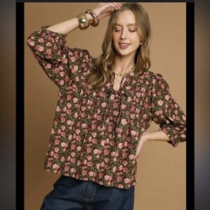 Umgee Floral Tie-Neck Babydoll Blouse